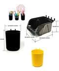 Pegboard Bins And Cups Set With Fifteen Five Inch Bins And Five Inch Cups For Garage And Workshop Organization On Standard Pegboard Panels Heavy Duty Tool Organizer Made In USA, showing black and yellow bins and cups with dimensions.
