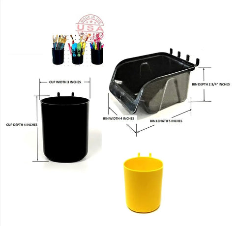 Pegboard Bins And Cups Set With Fifteen Five Inch Bins And Five Inch Cups For Garage And Workshop Organization On Standard Pegboard Panels Heavy Duty Tool Organizer Made In USA, showing black and yellow bins and cups with dimensions.