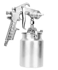 Top Shelf Pneumatic Paint Spray Gun With Two Point Zero Millimeter Suction Nozzle For Auto Refinishing Wood Projects And House Reno Tasks. Silver metal design.