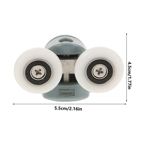 Close-up view of a trolley assembly from a 4 Pack Sliding Door Roller Hardware Replacement Kit For Smooth Patio, Bathroom, And Closet Doors Quiet Wheel Guide Pulleys And Durable High Precision Trolleys Easy Mount For A Smoother Slick Squeak Free Slide, showing dimensions 5.5cm x 4.5cm.