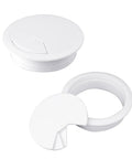 Two Pack White Desk Cable Grommets Sixty Millimeter Abs Plastic Cord Hole Inserts with spring-loaded bases.