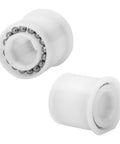 Angled view of two white plastic wheel bearing sleeves with metal ball bearings in the inner bore, 2-pack
