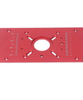Built Tough Aluminum Router Table Insert Plate, Rock Solid Red And Black Anodized Alloy Surface For Smooth Milling And Pinpoint Woodworking Cuts, reliable pro shop essential view from top showing adjustable ring inserts.
