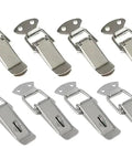 4 Pack Duck Mouth Latch Catches For Wooden Boxes, Heavy Duty Metal Spring Clasps, set of eight silver clasps on white background
