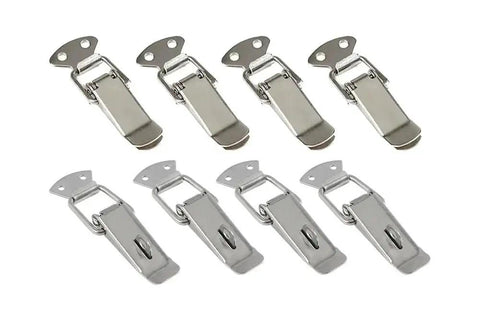4 Pack Duck Mouth Latch Catches For Wooden Boxes, Heavy Duty Metal Spring Clasps, set of eight silver clasps on white background