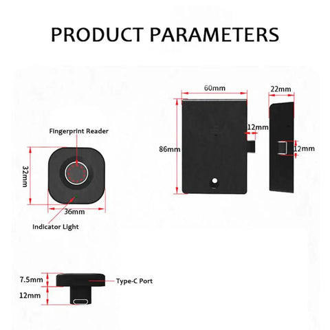 Smart Biometric Cabinet Lock With Fingerprint Access And Bluetooth App Control product parameters showing dimensions.