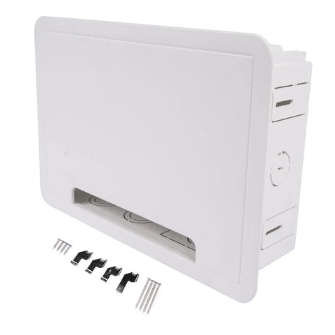 White 9 Inch In Wall TV Cable Management Box with hardware for hidden wires and media storage
