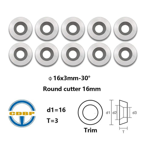 Ten Pack 16mm Round Carbide Inserts For Woodturning Lathe Finisher Tools R16x3mm 30 Degree Cutting 3mm Thick With Countersunk Hole
