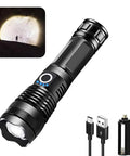 10000 Lumen Tactical Flashlight With Rechargeable Battery, zoomable beam, USB cable, showing five modes and waterproof features