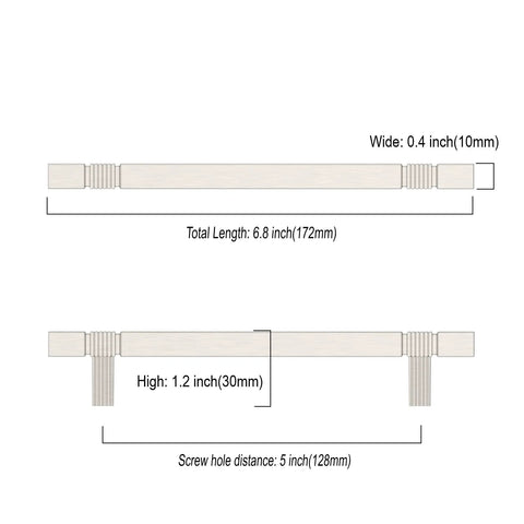 Diagram of 10 Pack 5 Inch Brushed Satin Nickel Cabinet Handles (128mm) showing dimensions and screw hole distance.