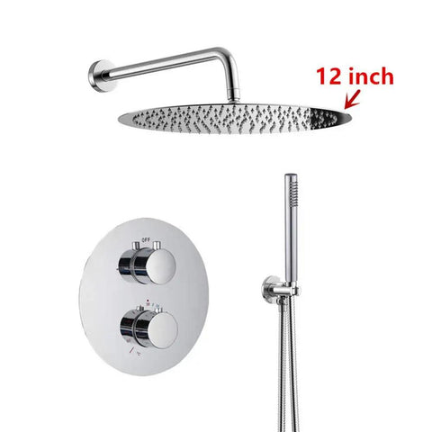 UMJIGF Chrome Thermostatic Shower System with Cold and Hot Water Wall Mounted Brass Shower Faucet features a 12 inch shower head and controls.