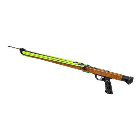 Woody Magnum Speargun for Spearfishing and Freediving Handpicked African Mahogany Barrel Stainless Steel Shaft side view.