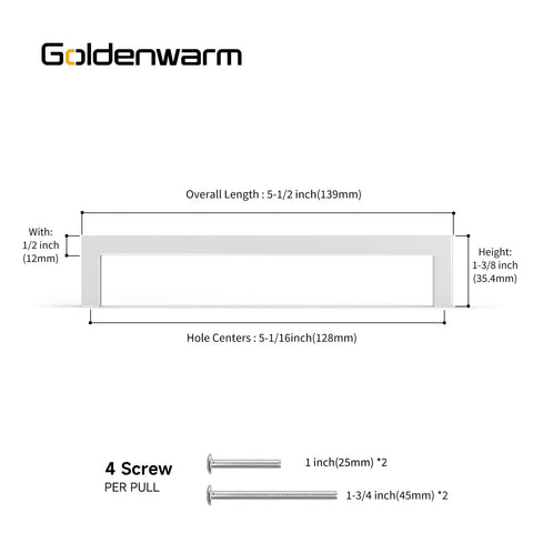 Diagram of White Stainless Steel Cabinet Pulls 25 Pack 5.5 By 1.4 Inches with measurements and screws for easy install.