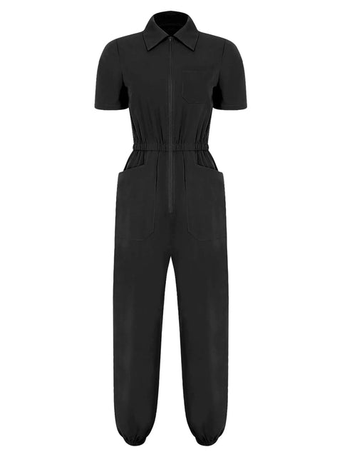 Womens Zipper Front Mechanic Jumpsuit Oil Resistant Scrub Joggers Go To No Sweat Nurse Coveralls Breathable Polyester All Day Grind Workwear In Black Relaxed Fit with short sleeves and elastic waist.