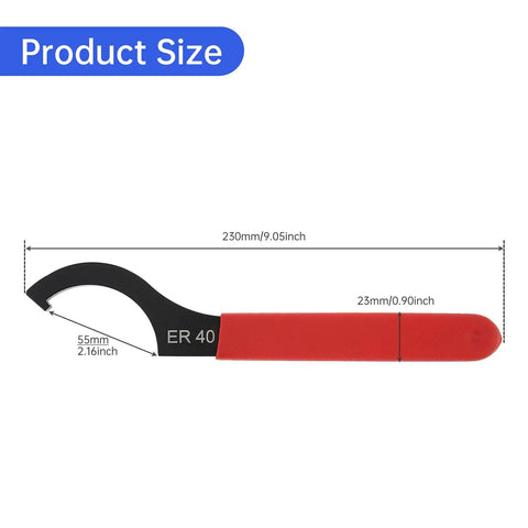 Beefy ER40 Coilover Spanner Wrench with adjustable jaw, non-slip red handle, showing size dimensions for clamping nut and CNC use