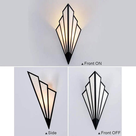 Fan Shaped Retro Wall Light Sconce with Linen Fabric Shade, Art Deco Iron Body E14 Holder Black Finish, Front and Side View