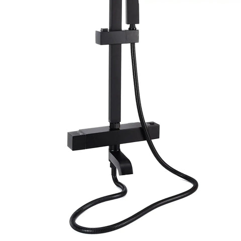 Close-up of SASKATE Shower System with Thermostatic Mixer, High Pressure Rain Shower, featuring sleek black finish.
