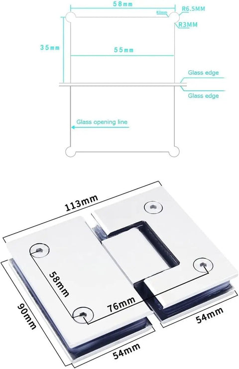 Rock Solid 180 Degree 304 Stainless Steel Glass Door Hinges Two Pack Heavy Duty dimensions and details for bathroom installations
