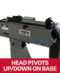 Pro Grade 3 By 79 Inch Belt Grinder With A Rock Solid 4 Hp Motor Built Like A Tank For Precise Belt Tracking and Smoother Grinds At 230 Or 460 Volt Three Phase, showing adjustable pivot head.