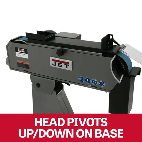Pro Grade 3 By 79 Inch Belt Grinder With A Rock Solid 4 Hp Motor Built Like A Tank For Precise Belt Tracking and Smoother Grinds At 230 Or 460 Volt Three Phase, showing adjustable pivot head.