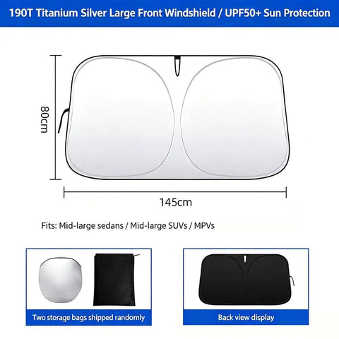 Foldable Windshield Sun Shade For Tesla Cybertruck 2024, 190T titanium silver fabric, large, fits mid-large SUVs.