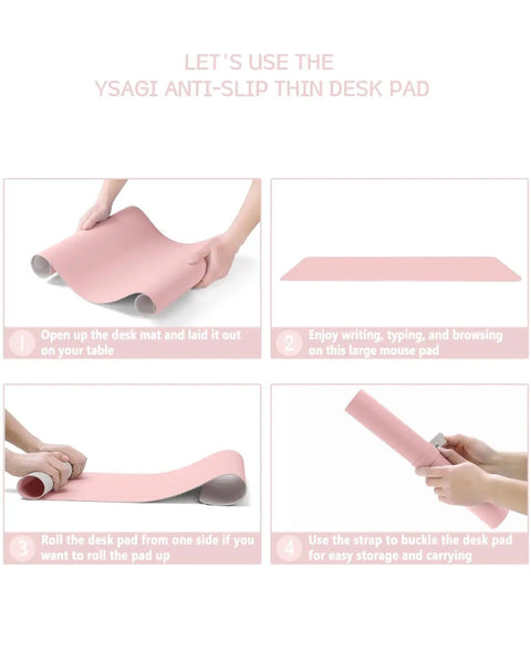 Pink Non Slip Leather Desk Pad With Waterproof Top For Laptop And Keyboard Large 23.6 By 13.7 Inches in use and rolled up