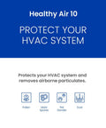Illustration of HVAC protection and airborne particulate removal with icons for pollen, mold spores, pet dander, and dust