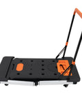 Heavy Duty Foldable Workbench With Smooth Caster Wheels Transforms Into Seven Flexible Workshop Modes Like Scaffold And Auto Repair Stand For No Sweat Garage Days And Weekend Project Hustle, black platform with orange accents.