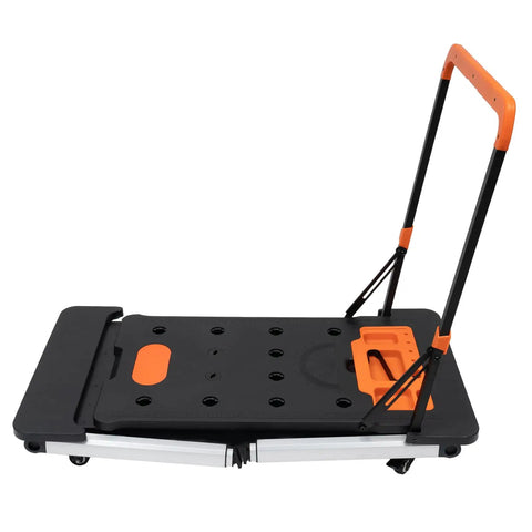 Heavy Duty Foldable Workbench With Smooth Caster Wheels Transforms Into Seven Flexible Workshop Modes Like Scaffold And Auto Repair Stand For No Sweat Garage Days And Weekend Project Hustle, black platform with orange accents.