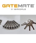 Long Throw Gate Lock For Sheds And Fences With Euro Profile Keyed Both Sides, screws and five keys shown