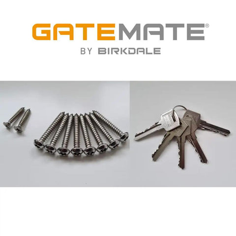 Long Throw Gate Lock For Sheds And Fences With Euro Profile Keyed Both Sides, screws and five keys shown