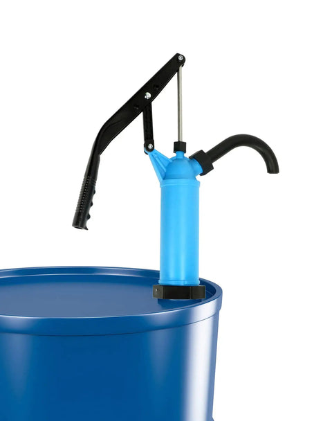 Heavy Duty Hand Siphon Pump 2 Pack For Transferring Thick Liquids Like Motor Oil Without The Sweat Boasts A Slick Quick Fit And Works Right Outta The Box On 5 To 55 Gallon Drums Naturally placed on a blue drum.