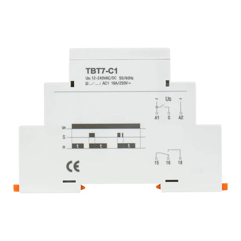 Beefy Delay Off Timer Relay 16A 1-SPDT with Universal 12-240V ACDC Power Range, TBT7-C1 Pro Auto Off for Home, Shop, and Industrial Controls, Works With 12V to 240V In One Unit. White DIN rail timer relay front view
