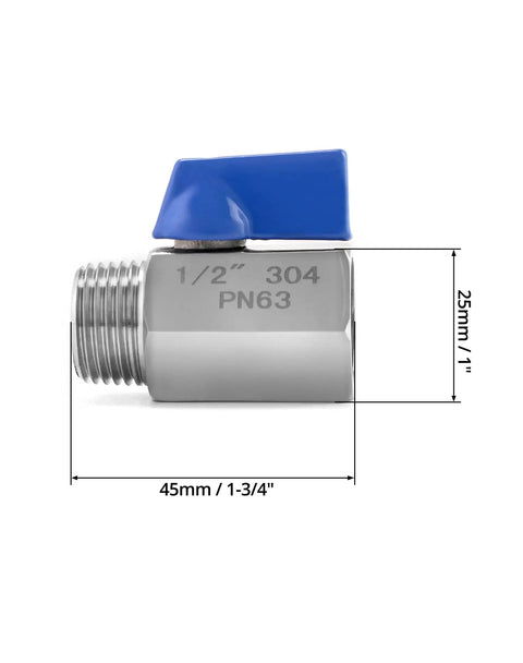 Two Pack One Half Inch NPT Stainless Steel Ball Valve Set With Male To Male Threads Shut Off Mini Ball Valves side view dimensions