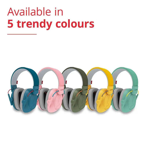 Five colorful kid friendly noise canceling headphones for concentration and hearing protection, 22dB sound reduction, CE and ANSI certified.