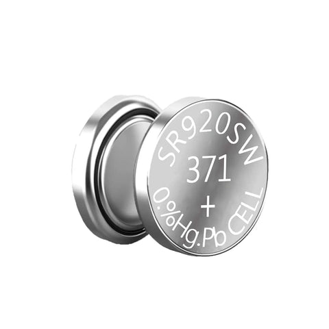 Top Shelf 10 Pack 1.5V Button Coin Cell Watch Batteries Compatible With SR920SW LR921 AG6 371 370 showing silver battery with markings.