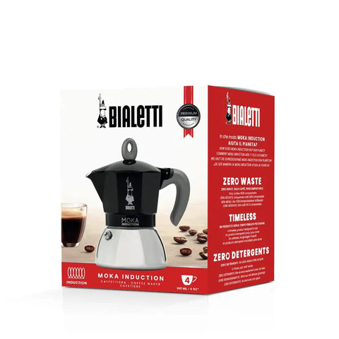 Box of Induction Moka Pot That Just Works On Any Hob 4 Cup Espresso Maker 5.7 Oz Black Aluminum Upper With Stainless Steel Boiler