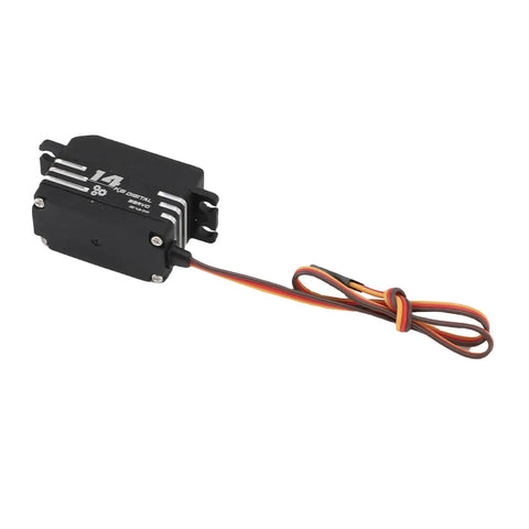 Hella Strong 14Kg High Torsion Digital Servo Motor Featuring Heavy Duty Copper Gears for RC Cars with wires attached.