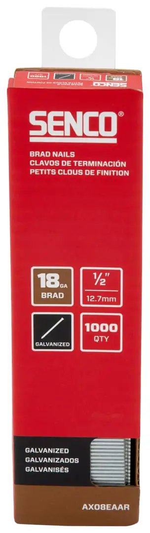 Top Shelf Hella Durable 18 Gauge Brad Nails Galvanized Finish Half Inch Length For Cabinet Molding Trim Picture Frames 1000 Count Box packaging showing product details.