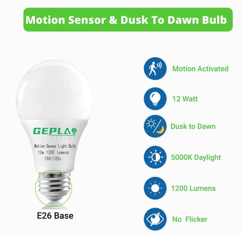 Four Pack Motion Sensor LED Bulbs 12W, 100W Equivalent A19 E26 Dusk To Dawn Indoor Outdoor Use, 5000K Daylight, 1200 Lumens, Glass-Penetrating Sensor, Upward Or Downward Mount, Easy Install, E26 base bulb