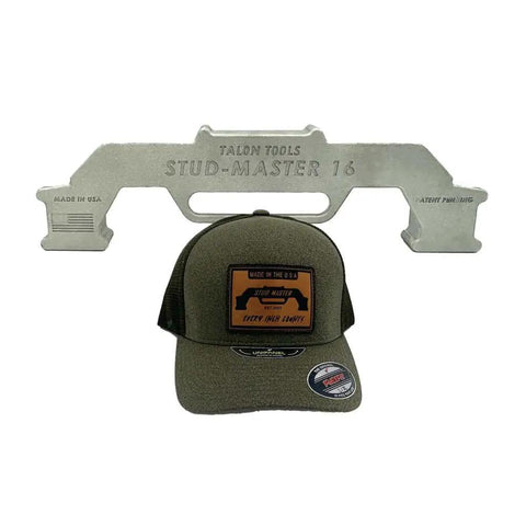 On-Center Stud Layout Tool for Framing, Inch Spacing Precision Wall Stud Framing Tool, Made in USA, seen with branded cap