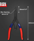 9 Inch Spring Loaded Angle Tip Locking Pliers For Retaining Rings with size dimensions and red-blue handles.