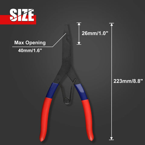 9 Inch Spring Loaded Angle Tip Locking Pliers For Retaining Rings with size dimensions and red-blue handles.