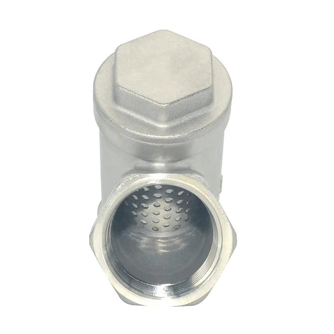 Front view of 1-inch stainless steel WYE strainer mesh filter valve with female NPT connection and perforated screen
