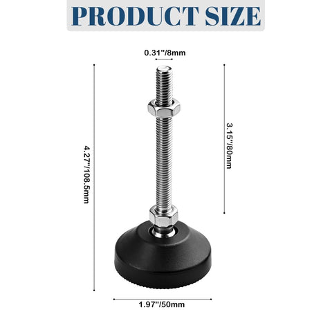 Heavy Duty Adjustable Furniture Levelers With Swivel M8 Thread Feet, Ultra Tough Nylon Base Pads, dimensions displayed