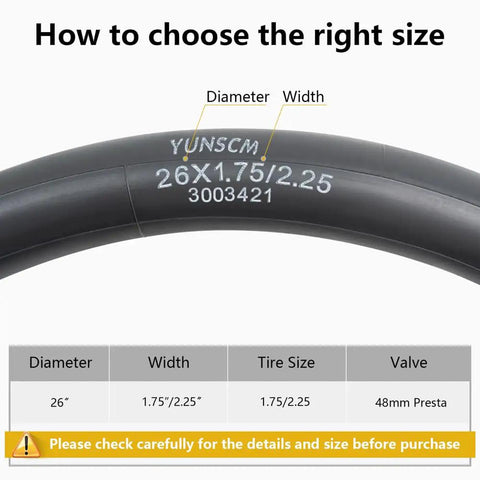 Diagram showing Two Pack 26 Inch Beefed Up Heavy Duty Bike Inner Tubes With FV48mm Presta Valve Compatible With 26 By 1.75 To 26 By 2.25 Tire Sizes details.