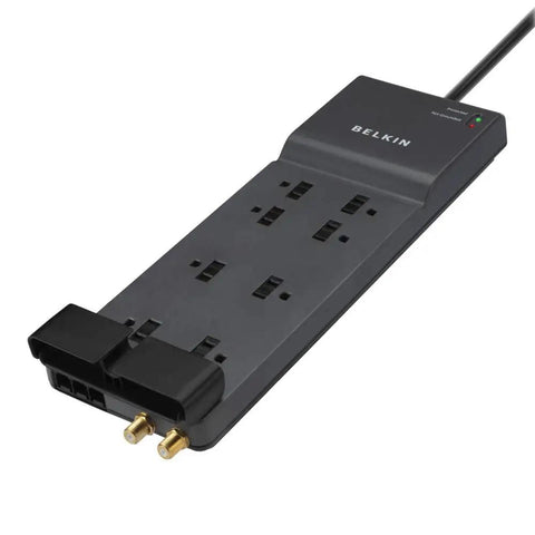 Eight Outlet Surge Protector Power Strip With 12 Foot Heavy Duty Extension Cord UL Listed 3550 Joules Flat Plug For Home Office And Computer Charging Tidy Desk With Safe Reliable Power Hub black surge-protected strip