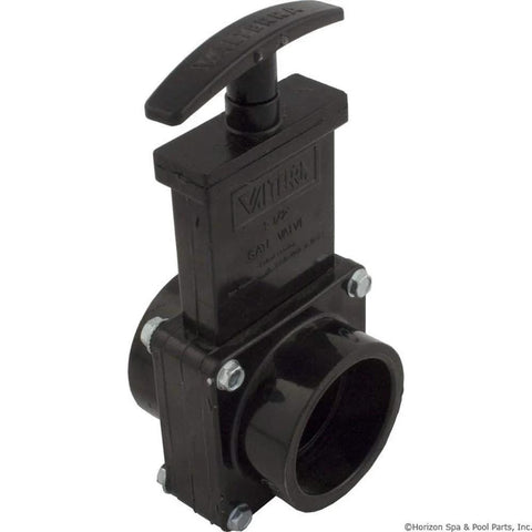 Valterra ABS gate valve, black, 1-1/2 inch slip, front view with lever handle
