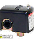 Heavy Duty Pressure Switch 40-60 PSI for Plumbing Systems with warning label, black encased design, side view