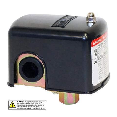 Heavy Duty Pressure Switch 40-60 PSI for Plumbing Systems with warning label, black encased design, side view